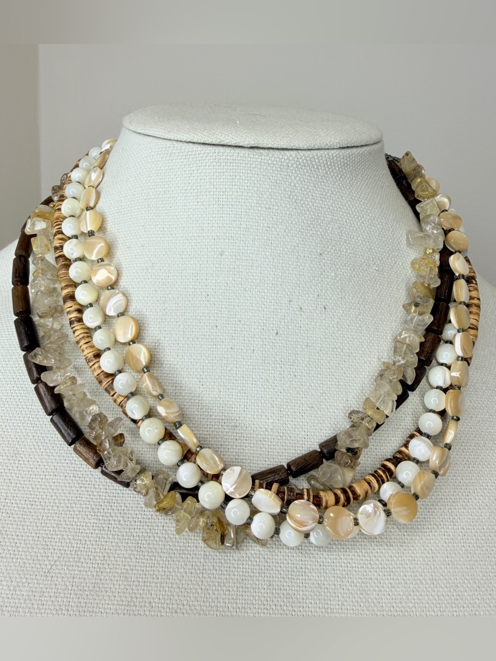 Silpada 925 Sterling Quartz MOP Wood Coconut Layered Necklace N1507 Retired